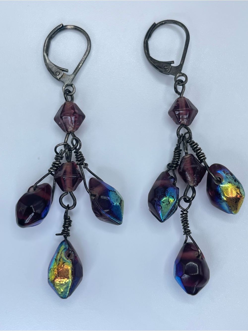 Gunmetal Tone Purple Oil Slick Iridescent Glass Beaded Dangle Earrings Boho